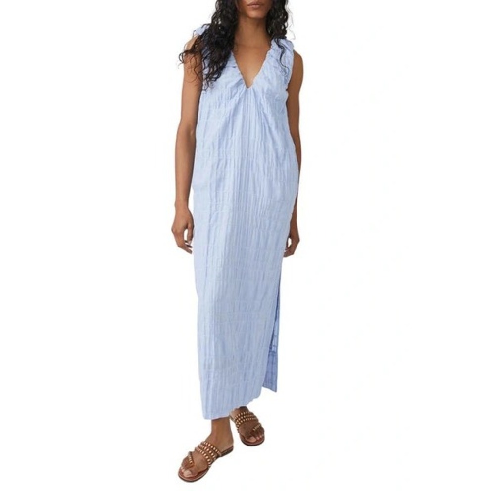 Free People Agatha Ruched Midi Dress Blue Brunnera Stretch Cotton Sleeveless XS